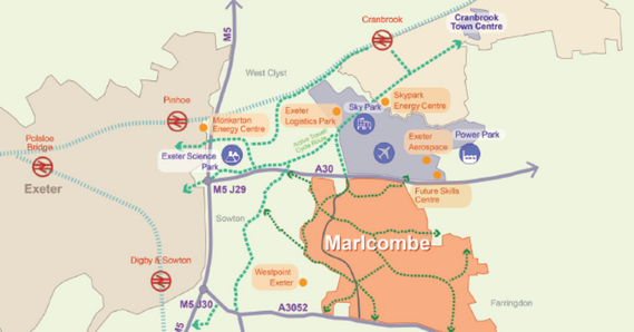 Map of Marlcombe and surrounding areas with labels for nearby transport links and business sites