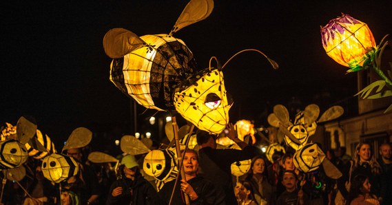 Crowd of people holding lit up paper lanterns in the shape of bees and flowers 