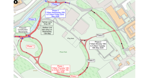 Map of Phear Park with phases illustrated. South West of park 14th and 15th May. South East of park 18th and 19th May. North of park 20th - 22nd May