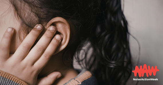 Person covering their ears. Noise Action Week logo