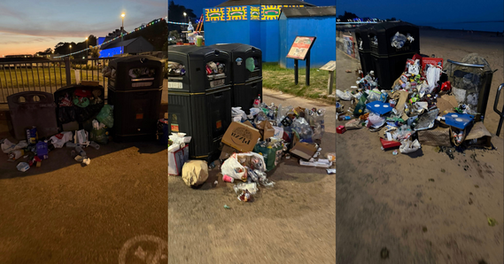 Full bins at Exmouth with piles of rubbish next to them 