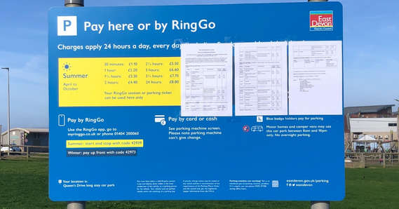 East Devon car park sign at Queen's Drive long stay car park