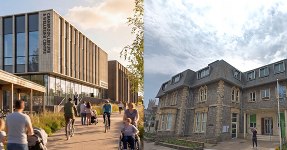 Left: artist's impression of Cranbrook Leisure & Wellbeing Centre. Right: Exterior of Exmouth Town Hall