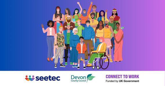 Crowd of people. Seetec, Devon County Council, and Connect to work funded by UK Government logos