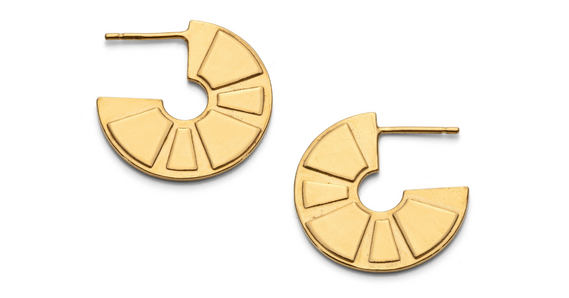 two goldish earrings, three quarters of a circle shape, each with 5 raised sections in a one large then one small pattern