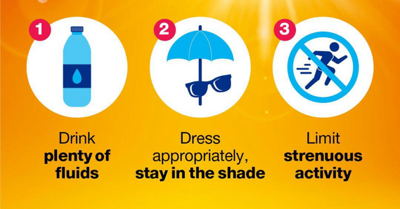 1. Drink plenty of fluids. 2. Dress appropriately, stay in the shade. 3. limit strenuous activity