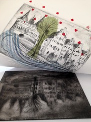 Drypoint and Chine Collé reveal of buildings, a tree, and hearts