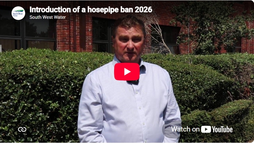 Preview of YouTube video of Water Services Director for South West Water, explaining the hosepipe ban and what it means for customers