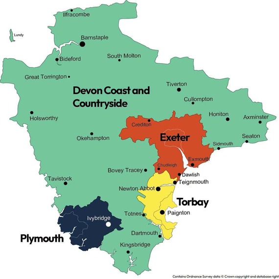 Map of the four councils: Plymouth, Torbay, Exeter, and Devon Coast and Country