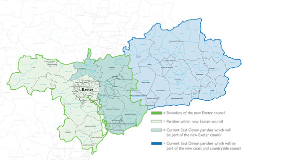 Map of which East Devon parishes will be part of the new Exeter authority and the new Devon Coast and Country authority