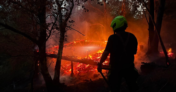 Firefighter at woodland fire at Fire Beacon Hill Sidmouth 
