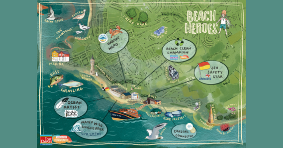Map of Exmouth with Beach Heroes activities including habitat hero, beach clean champion, sea safety star, ocean artist