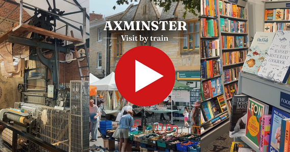 Play button. Visit Axminster by train. Museum, market, and book shop