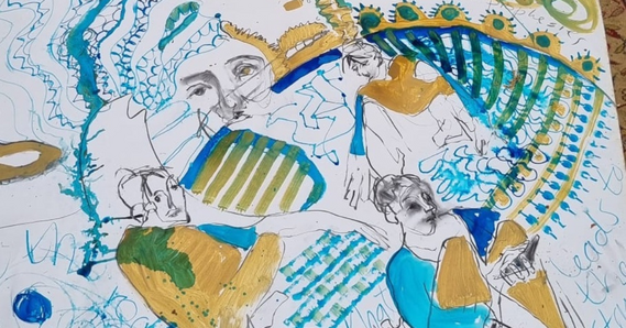 Artwork with lines, painted colours, faces, and people