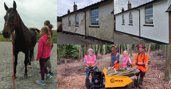A young person and an adult next to a horse. Before and after of the outside of Escot Village Hall. Four people in woodland nex to a barrow of logs