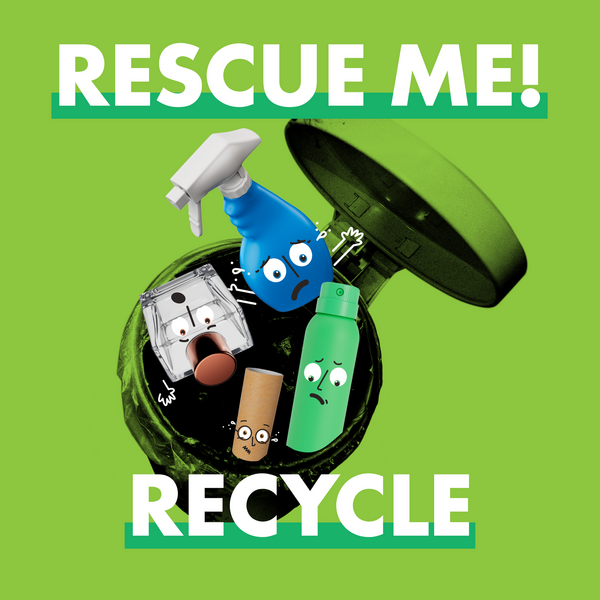 Rescue Me! Recycle image with glass and plastic bottles, toilet roll and aerosol characters