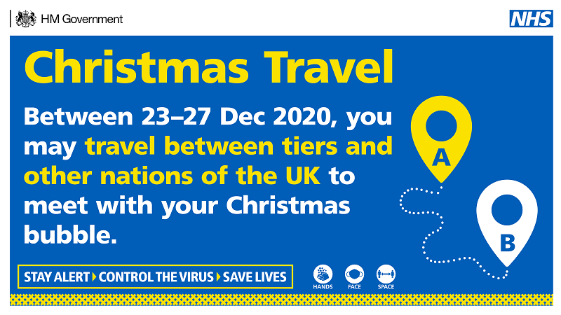 Christmas travel. Between 23-27 Dec 2020, you may travel between tiers and other nations of the UK to meet with your Christmas bubble.
