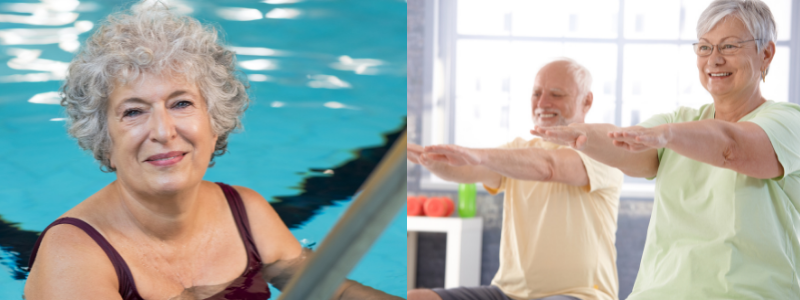 Older woman swimming, and older man and woman in an exercise class