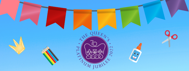Colourful bunting, arts and crafts graphics and the Queen's Platinum Jubilee logo