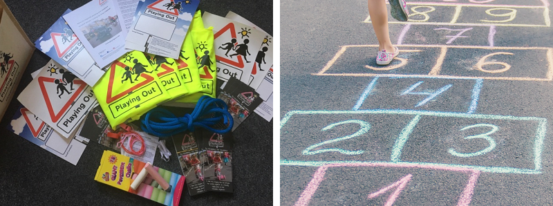 Street play kit and child playing hopscotch on the road