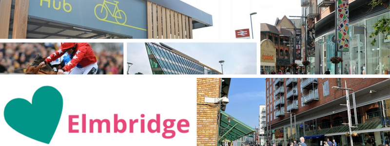 Love Elmbridge collage - The Heart shopping centre, horse racing, business