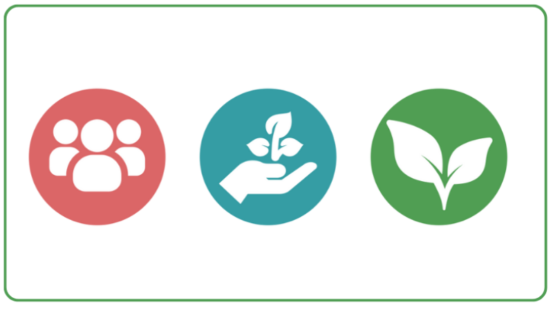 Three individual graphics displaying people, a hand holding a growing plant and a green plant