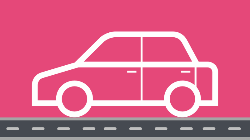 A graphic of a white car driving on a road with a pink background