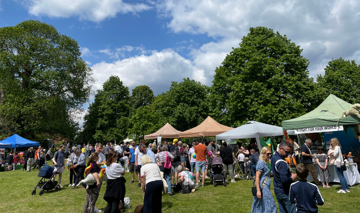 Residents of Elmbridge at an outdoor summer fair with stalls