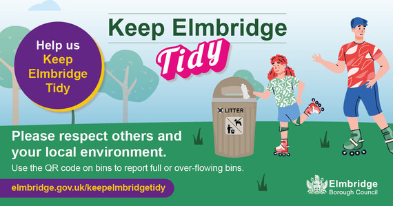 Keep Elmbridge Tidy animation poster of residents throwing waste in the bin