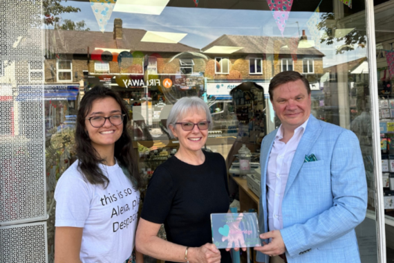Cllr Stephens with local retailer owners of Card Collection