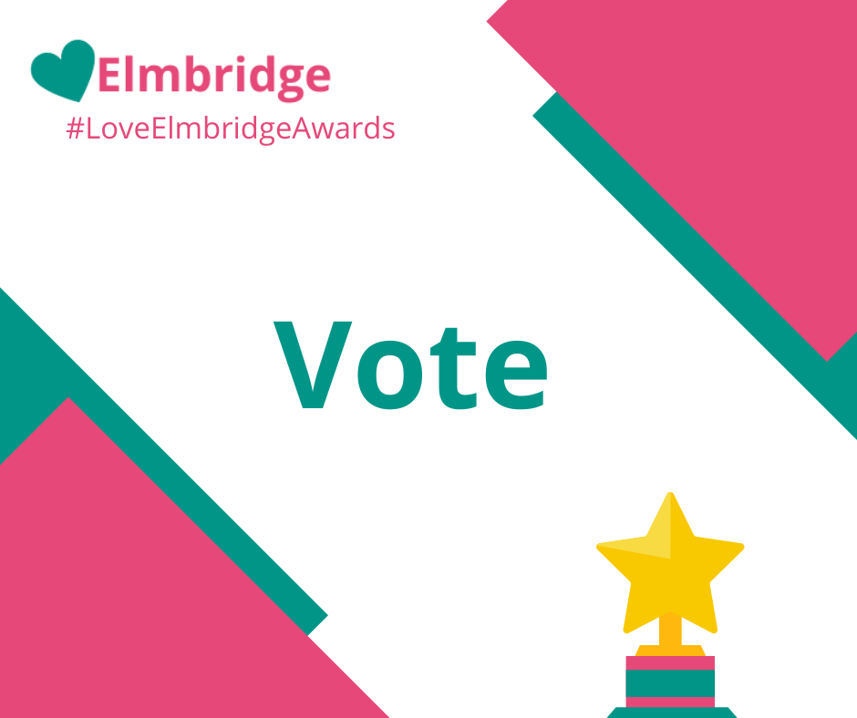 Pink and green graphic with a golden trophy and text that reads: "Vote".