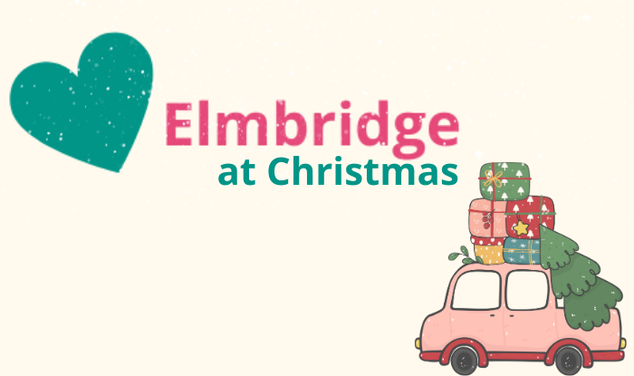 Love Elmbridge at Christmas logo 2023 with a graphic of a car carrying presents and a tree