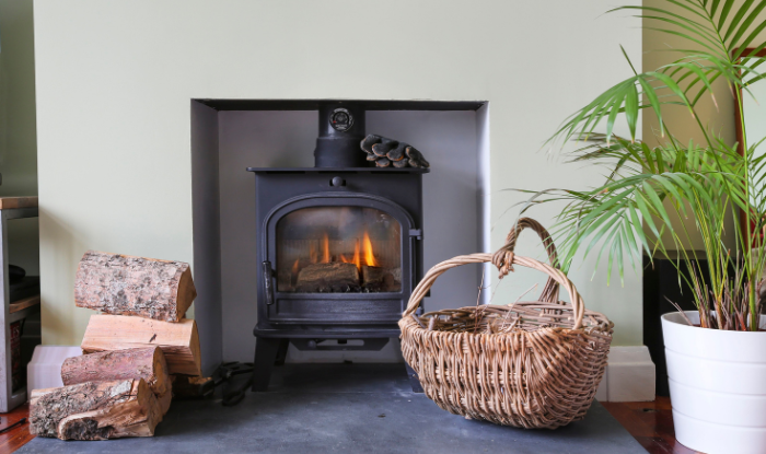 Wood burning stove in a residential home