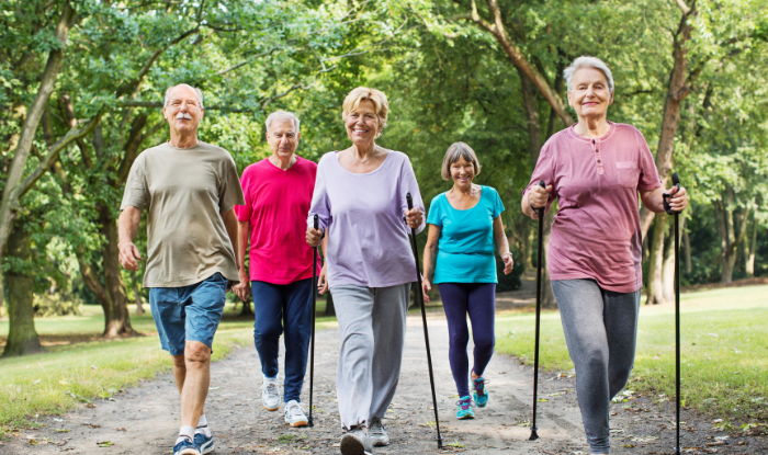A group of older people walking through a wooded area 