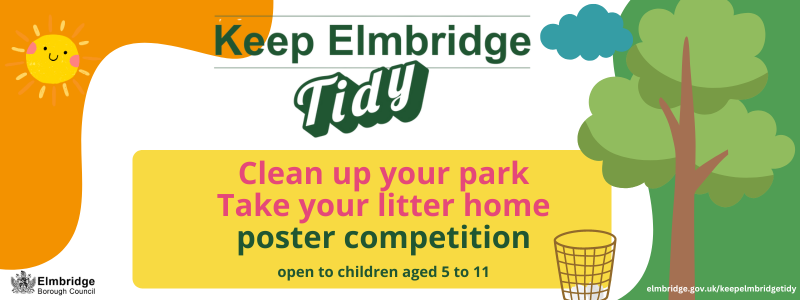 Sun, tree, and bin with slogan Keep Elmbridge Tidy. Clean up your park, take your litter home poster competition.