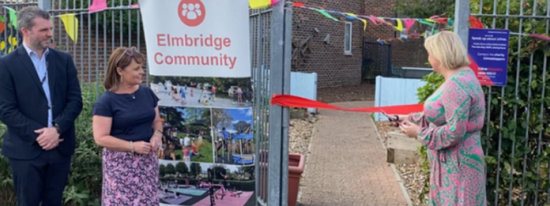 Adam Chalmers, Cllr Kirsty Hewens and Lisa Townsend, the Police and Crime Commissioner for Surrey in front of Walton Community Garden