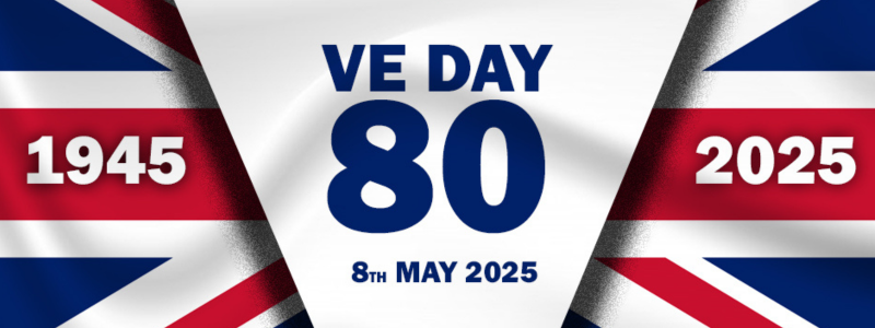 Words 1945 VE day 2025 overlaid on a British flag with a V shape in the centre