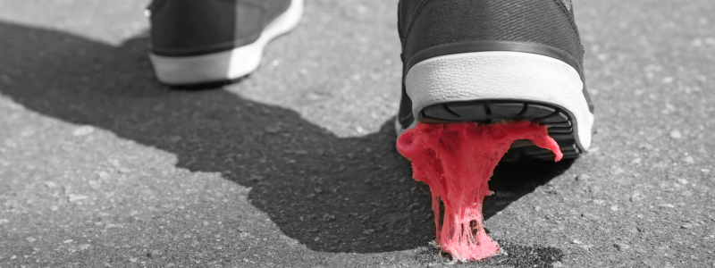 Black training shoe with chewing gum stuck to the bottom