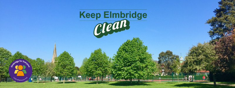 Tennis courts in a park setting with a blue sky, Elmbridge for Everyone logo and the words Keep Elmbridge Clean