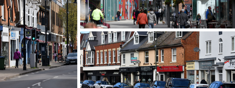 People and cars in high streets in Elmbridge