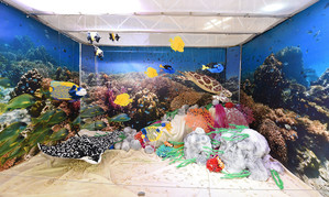 Model of the Great Barrier reef with fish and coral made from Lego