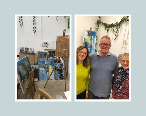 picture showing 2 Beverley art gallery staff standing next to artist Phil White