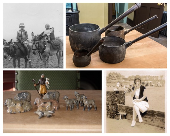 4 pictures showing the seaside, toys, household objects and pottery objects