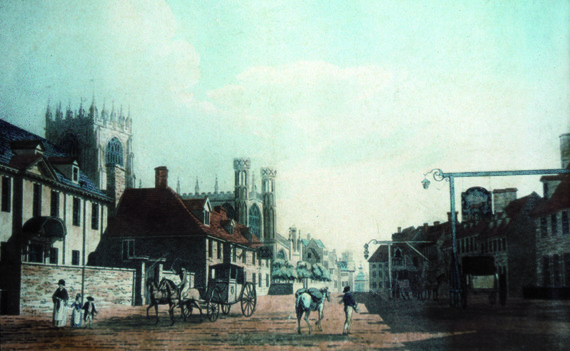 coloured drawing of North Bar within Beverley in the Georgian period