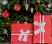 two Christmas gifts under a tree