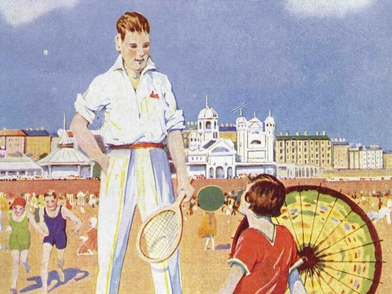 A colourful, historic illustration showing holiday makers on Bridlington beach. ERYMS 1996-355 