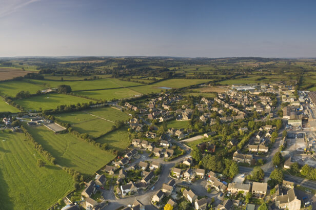 Aerial image of town and fields
