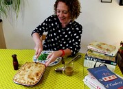 Photograph of Dr Stella Sims and her Woolton Pie, recreated from a wartime recipe