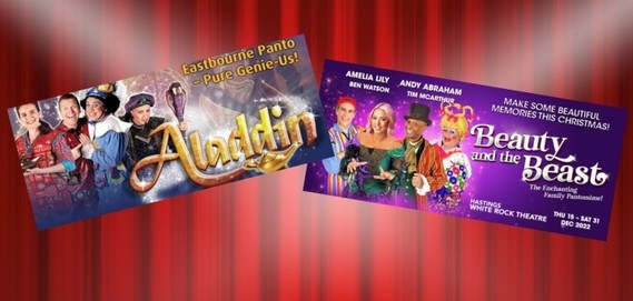 Two composite panto images set against red theatre curtains