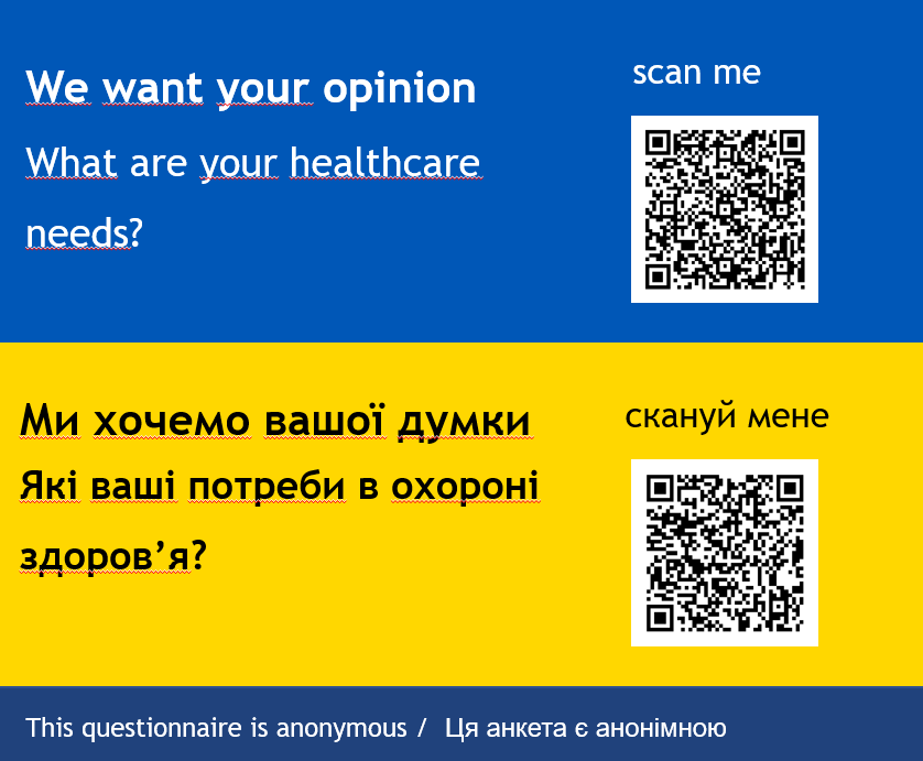 Advert for survey in both English and Ukrainian with QR codes